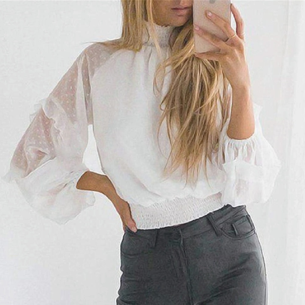 New Ruffled Sheer Sleeve Mock turtleneck Blouse - Picture 4 of 7